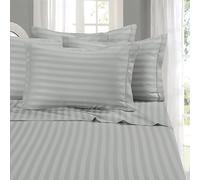 Elegant Comfort Set di 4 lenzuola morbide e accoglienti, microfibra di qualità alberghiera 1500 fili, con tasca profonda, resistente alle pieghe, motivo a righe damascate, doppio, argento