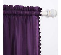 Elegant Comfort Tende semitrasparenti con nappe con pompon, set di 2 pannelli, con tasca per asta da 5 cm, tende trasparenti in tinta unita, per soggiorno, camera da letto, 101 x 213 cm, viola