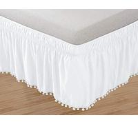 Elegant Comfort Top Knot - Fascia elastica per letto con nappe con pompon e frange, resistente alle pieghe, lunghezza 40,6 cm, doppio/pieno, bianco