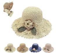 Elegant Crochet Straw Hat with Ruffle Detail,Women Vintage Ruffle Bow Knot Straw Hats,UV Protection Hand Woven Sun Hat Khaki