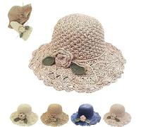 Elegant Crochet Straw Hat with Ruffle Detail,Women Vintage Ruffle Bow Knot Straw Hats,UV Protection Hand Woven Sun Hat Khaki