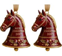 Elegant Equestrian Design: This Handmade Horse Bell Ornament features a 3D red horse head with golden bridle accents, snowflakes, and holly berry details, blending rustic charm with festive Christmas