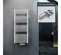 ELEGANT Radiatore da bagno, 1200 x 500 mm, colore bianco, con attacco centrale, termosifone, scaldasalviette con termostato cromato multiblocco