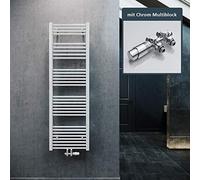 ELEGANT Radiatore da bagno, 1600 x 500 mm, bianco, con attacco centrale, termosifone, scaldasalviette con termostato cromato multiblocco