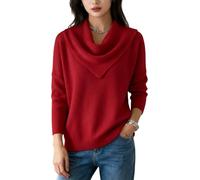 Elegant Retro Soft Triangle Neck Solid Color Sweater Top for Women, Cozy Long Sleeve Knit Pullover for Fall Winter (Red,S)