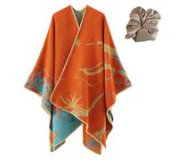 Elegant Shawl Wrap for Women, Printed Blanket Open Front Cardigan Sweater Coat Poncho Cape Fall Winter (Orange)