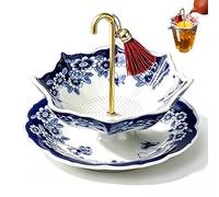 Elegant Umbrella Shape Ceramic Tea Strainer - Chinese Blue & White Porcelain Loose Leaf Filter with Rotating Desig.n, Heat-Resist Tea Infuser for Coffee/Brewing。 (Blue)