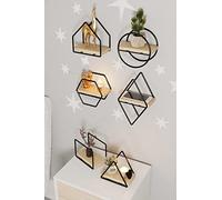 Elegant Wall Shelf Set (6 pezzi), Solid Wood, 15 x 10 x 17 cm, finitura oro e nero, staffe in metallo, elegante soluzione per la casa e l'ufficio