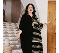 Elegante abito arabo ricamato in oro JALABIA, veste da Ramadan con scollo a V, colletto con nappe, orlo con spacco, motivo geometrico quadrato, ultima per il festival del Ramadan, estate 2026 L,M,XL,X