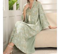 Elegante abito arabo verde con ricami dorati e perline, scollo a V con nappine e motivi floreali, abaya ultima per la Festa Nazionale Saudita 2025 L,M,XL,XXLPiante,stampa dappertuttoTessuto intrecciat