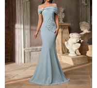 Elegante abito azzurro cielo in maglia elastica con spalle scoperte e fiocco, collo impreziosito da cristalli di lusso, silhouette a sirena con balza sul fondo, adatto per appuntamenti, vacanze, feste