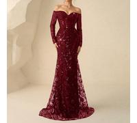 Elegante abito con scollo a V, spalle scoperte, maniche lunghe e gonna a sirena con paillettes, perfetto per matrimoni, red carpet, serate all'opera e cene di lusso, abiti da festa, abiti da invitati