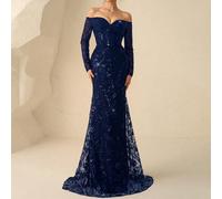 Elegante abito con scollo a V, spalle scoperte, maniche lunghe e gonna a sirena con paillettes, perfetto per matrimoni, red carpet, serate all'opera e cene di lusso, abiti da festa, abiti da invitati 
