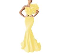 Elegante abito da ballo in raso rosso da donna, monospalla con volant oversize e silhouette a sirena, Giallo, 40
