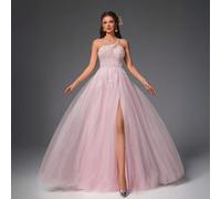 Elegante abito da ballo in tulle rosa chiaro con scollo asimmetrico e perline, abito da sera a-line con spacco alto, abito da cerimonia da sogno L,M,S,XL,XSBlocchi di colore,stampa dappertuttoTessuto 