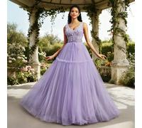 Elegante abito da ballo lungo con scollo a V, applicazioni floreali in tulle, abito da principessa da sogno per il ballo di fine anno, abito da cerimonia e da sera per donna L,M,S,XL,XSPianteTessuto i