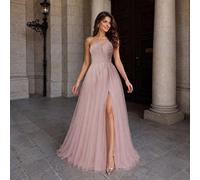 Elegante abito da ballo rosa chiaro con scollo asimmetrico e perline, abito da sera trasparente con spacco alto a-line, abito da ballo formale da sogno, abito lungo per matrimonio autunnale e feste L,