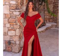 Elegante abito da ballo rosso da cerimonia autunnale, monospalla con scollo a V incrociato, plissettato, vita alta, con lungo nastro, spacco alto, schiena scoperta e lunghezza fino a terra L,M,S,XL,XS