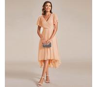 Elegante abito da cerimonia da sera per l'autunno, scollo a V, maniche con volant, orlo asimmetrico, color corallo rosa, abito da damigella d'onore midi, abito da invitato al matrimonio L,M,S,XL,XXLCo