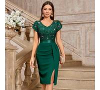 Elegante abito da cocktail aderente con spacco alto, maniche a sbuffo e arricciature in pizzo con paillettes, adatto per invitati a matrimoni, cerimonie di laurea, gala ed altre occasioni, per San Val