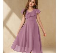Elegante abito da damigella d'onore color malva e viola per ragazze preadolescenti, abito estivo senza maniche in chiffon con scollo a V, colletto a volant e vita alta, lunghezza media, ideale per la