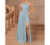 Elegante abito da damigella d'onore, da cerimonia, da ballo o per feste formali, con collo a canottiera, schiena aperta in rete con chiusura a incrocio con bottoni, strass, linea ad A, in rete lungo, 