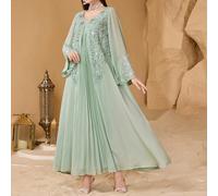 Elegante abito da donna a maniche lunghe con ricamo di perle e patchwork, con pieghe frontali L,M,S,XLPianteTessuto intrecciato