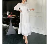 Elegante abito da donna a metà lunghezza con scollo rotondo, maniche a ruffle con perline e motivo a loto, adatto per l'estate e il ritorno a scuola L,M,S,XLBlocchi di coloreChiffon