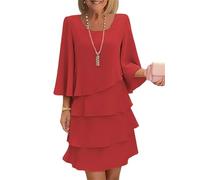 Elegante abito da donna a strati con maniche a volant, maniche a 3/4, abito semi formale, collo ampio e fluido, mini abiti, Rosso, M