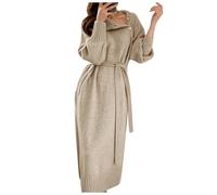 Elegante abito da donna con collo alto, maniche lunghe, con bottoni, maxi abito con cintura per il tempo libero alla moda, beige., XXL