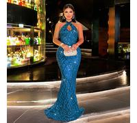 Elegante abito da donna con paillettes a diamante, senza schienale e con collo alto, adatto per spiaggia, uscite serali, matrimoni, feste, compleanni, anniversari, lauree, festival musicali in famigli