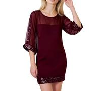 Elegante abito da donna con paillettes in rete trasparente per un abito da sera casual, scollo rotondo, maniche a tre quarti, abito leggero e femminile, Colore: rosso, XXL