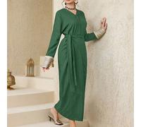 Elegante abito da donna di stile arabo con scollo a V, monopetto, patchwork e cintura L,M,S,XL,XS,XXL,XXS,XXXL,XXXXLColore unicoTessuto intrecciato