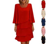 Elegante abito da donna in chiffon a strati, con volant, maniche a 3/4, girocollo, semi-formale, cocktail party, abito per ospiti di nozze, Rosso, XL