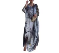 Elegante abito da donna in chiffon, con scollo rotondo, stile artistico, ampio, caftano, taglie forti, grigio, L