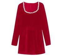 Elegante abito da donna in velluto con scollo decorato - Mini abito a maniche lunghe in classica linea ad A | Il piccolo nero per feste e occasioni festive