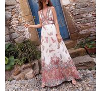 Elegante abito da donna lungo con stampa floreale, spalline sottili e schiena scoperta, stile romantico di alta qualità con motivo artistico e decorazione delicata sul bordo, adatto per appuntamenti r