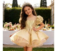 Elegante abito da festa con fiocco e maniche a petalo color champagne per ragazze, abito da principessa, abito da ballo, per feste di compleanno, matrimoni, damigella, Pasqua, vacanze 6Y,7Y,4Y,5YTessu