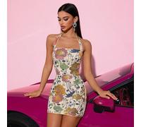 Elegante abito da festa corto con scollo ad aletta, decorato con paillettes e ricami, adatto per laurea, ballo, compleanno, appuntamento, festa di ritorno a casa, matrimonio, cocktail festa (posizione