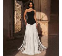 Elegante abito da festa e da ballo senza spalline a-line con contrasto nero e oro, decorazioni alla moda con nappe e strass, orlo in chiffon, per invitati a matrimoni in primavera L,M,S,XL,XS,XXL,XXS,