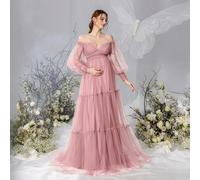 Elegante abito da maternità con spalle scoperte, maniche a lanterna e gonna a-line in tulle fluente, adatto per baby shower, cene formali, matrimoni, colore rosa L,M,S,XL,XXLTessuto in tulle