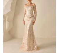 Elegante abito da sera a due pezzi con spalle scoperte, maniche lunghe e gonna a sirena, decorato con paillettes e perline, adatto come abito da cerimonia per matrimoni, lauree, compleanni, feste autu