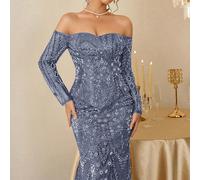 Elegante abito da sera a due pezzi con spalle scoperte, maniche lunghe e gonna a sirena, decorato con paillettes e perline, adatto come abito da cerimonia per matrimoni, lauree, compleanni, feste autu