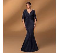 Elegante abito da sera a sirena blu navy, design scollo a V, dettaglio mantella con volant, accento vita con fiocco, abito da cerimonia con paillettes scintillanti, adatto per matrimoni, gala e altre