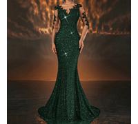 Elegante abito da sera a sirena con vita alta, maniche lunghe in contrasto con applicazioni in rete, scollo a V, decorato con paillettes, adatto per matrimoni, balli di fine anno, cene, feste, San Val