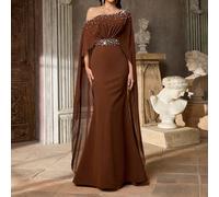 Elegante abito da sera a sirena in maglia marrone caramello con inserti in chiffon, vita alta, decorato con perline, fluido e allungato, adatto a tutte le occasioni formali, matrimoni, addii al nubila