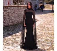 Elegante abito da sera con collo alto e paillettes: abito con mantella a maniche lunghe in illusione, dettagli ricamati e impreziositi da perline su tutto il corpo, silhouette a sirena con strascico f