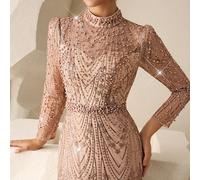Elegante abito da sera con collo alto, ricamo di paillettes, perle e strass, maniche lunghe e gonna a sirena, progettato per gli ospiti di matrimoni, ball gown e cene di gala L,M,S,XL,XS,XXLColore uni