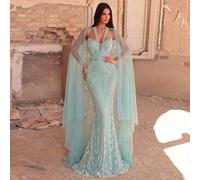 Elegante abito da sera con maniche a mantello e ricamo di paillettes su tutto il capo. Ideale per cene formali, ricevimenti di matrimonio, servizi fotografici da sposa e feste L,M,S,XL,XSPiantePaillet