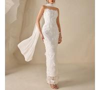 Elegante abito da sera con ricamo floreale tridimensionale idrosolubile in chiffon, con collo a canottiera e design a nastro, taglio dritto, adatto per feste di compleanno, feste di inizio anno scolas